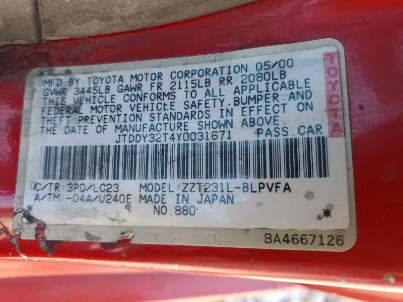 52759936 :رقم المزاد ، JTDDY32T4Y0031671 vin ، 2000 Toyota Celica مزاد بيع