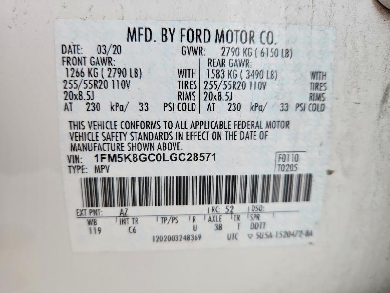 51770936 :رقم المزاد ، 1FM5K8GC0LGC28571 vin ، 2020 Ford Explorer مزاد بيع