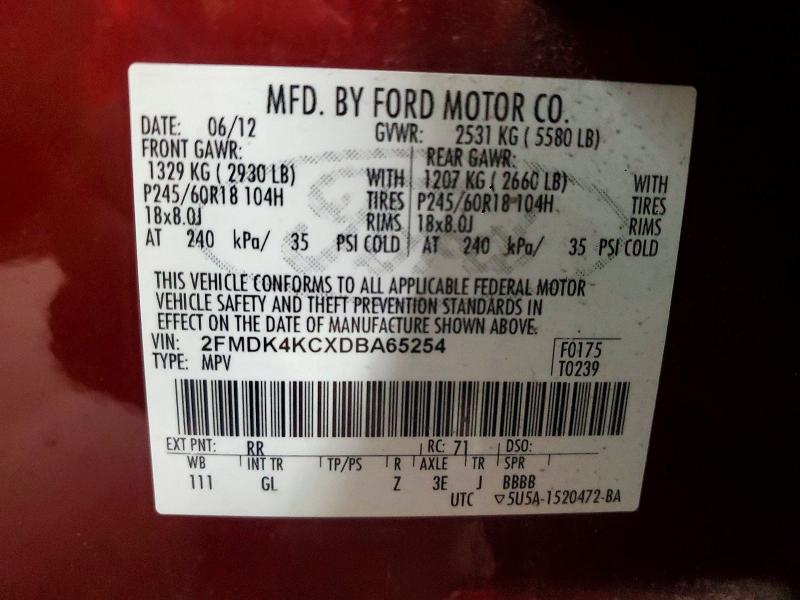 53327056 :رقم المزاد ، 2FMDK4KCXDBA65254 vin ، 2013 Ford Edge مزاد بيع