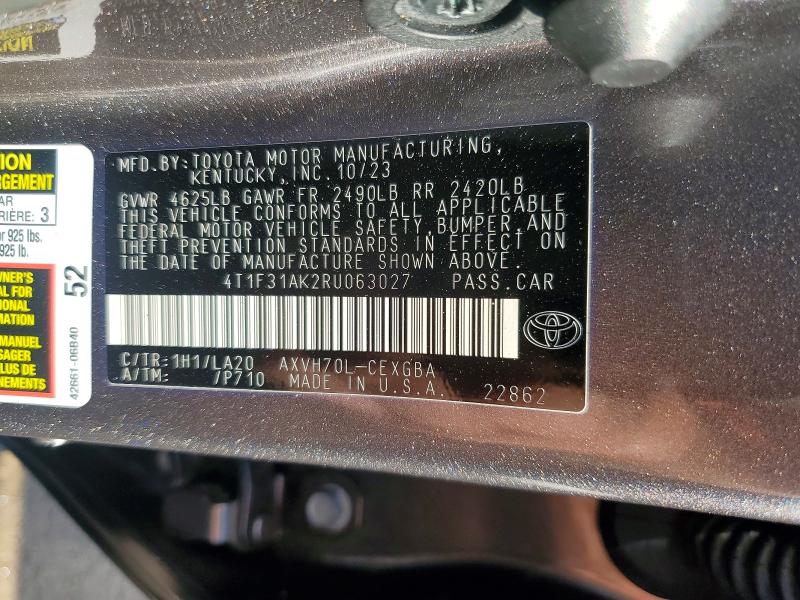 2024 Toyota Camry მანქანა იყიდება აუქციონზე, vin: 4T1F31AK2RU063027, აუქციონის ნომერი: 51987236