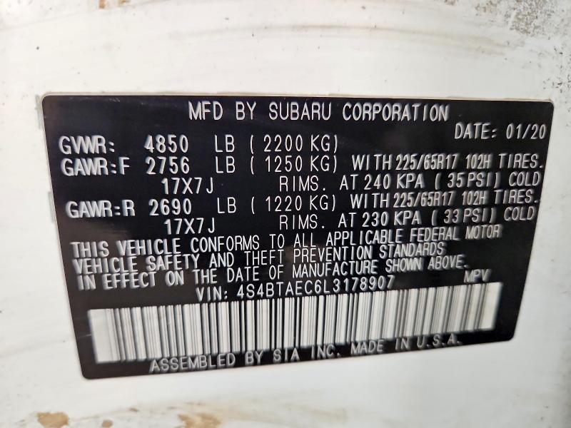 53794856 :رقم المزاد ، 4S4BTAEC6L3178907 vin ، 2020 Subaru Outback مزاد بيع