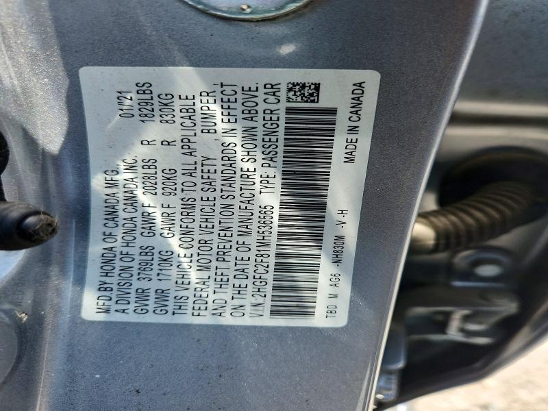 Aukcja sprzedaży 2021 Honda Civic, vin: 2HGFC2F81MH536565, numer aukcji: 55099736
