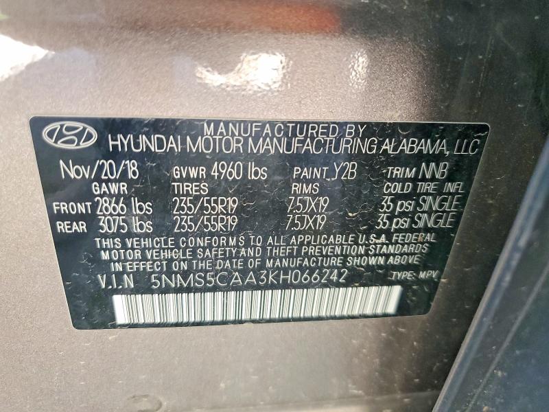 53706316 :رقم المزاد ، 5NMS5CAA3KH066242 vin ، 2019 Hyundai Santa Fe مزاد بيع