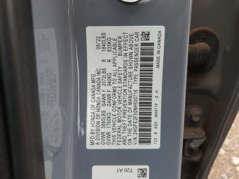 Продаж на аукціоні авто 2022 Honda Civic, vin: 2HGFE2F50NH590716, номер лоту: 54146076