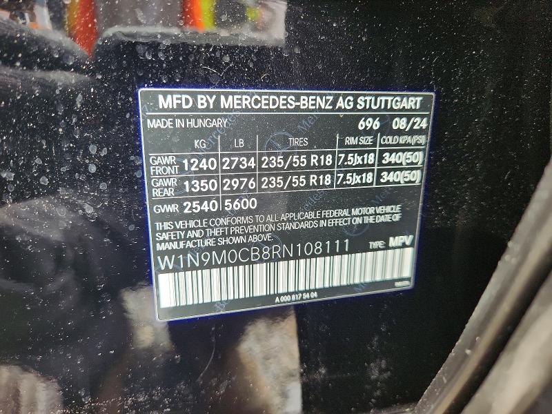 54536556 :رقم المزاد ، W1N9M0CB8RN108111 vin ، 2024 Mercedes-benz Eqb مزاد بيع