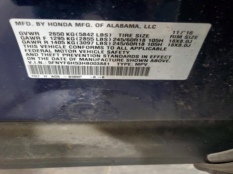Aukcja sprzedaży 2017 Honda Pilot, vin: 5FNYF6H53HB003881, numer aukcji: 54138776