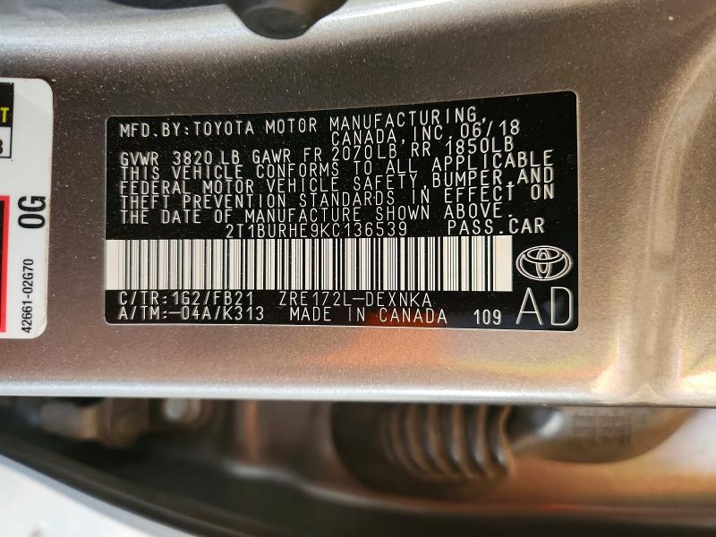 Продажа на аукционе авто 2019 Toyota Corolla, vin: 2T1BURHE9KC136539, номер лота: 54451396
