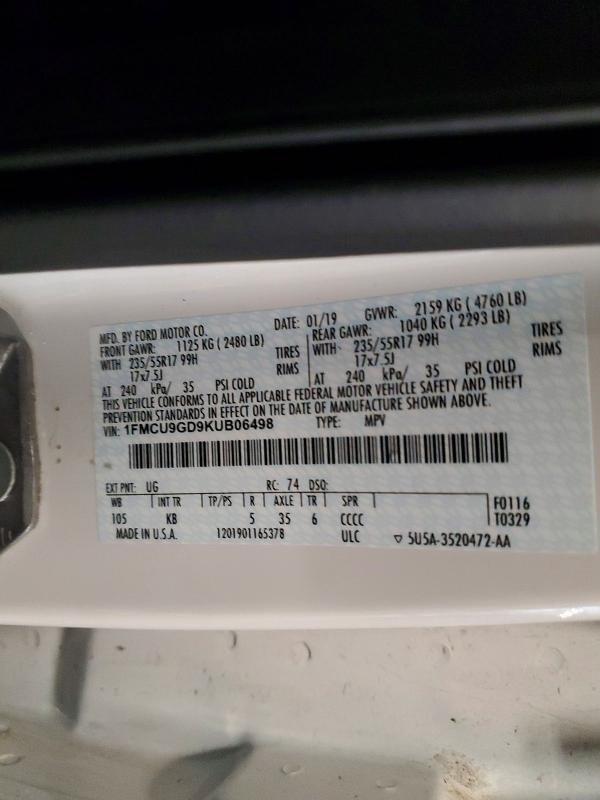 2019 Ford Escape მანქანა იყიდება აუქციონზე, vin: 1FMCU9GD9KUB06498, აუქციონის ნომერი: 54456376