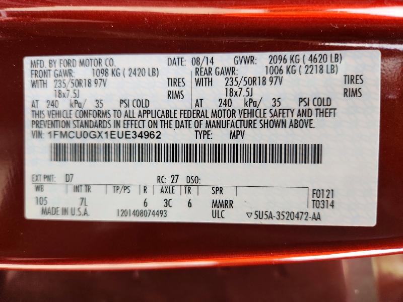 Продаж на аукціоні авто 2014 Ford Escape, vin: 1FMCU0GX1EUE34962, номер лоту: 54983156