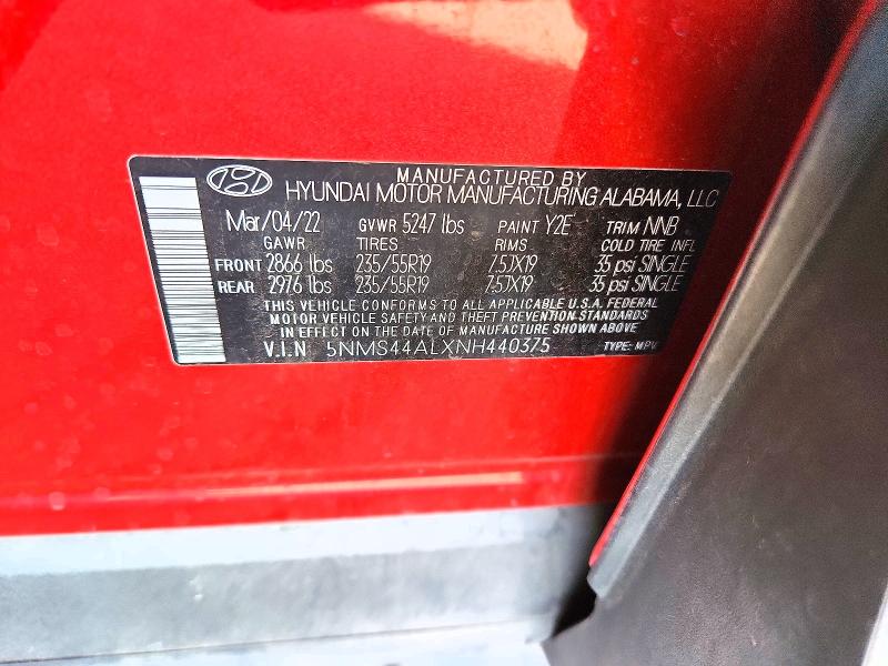 2022 Hyundai Santa Fe მანქანა იყიდება აუქციონზე, vin: 5NMS44ALXNH440375, აუქციონის ნომერი: 52266836