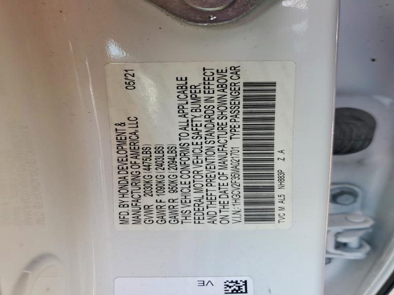 Aukcja sprzedaży 2021 Honda Accord, vin: 1HGCV2F35MA021701, numer aukcji: 54275336