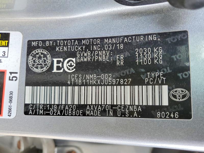 Продаж на аукціоні авто 2018 Toyota Camry, vin: 4T1B11HKXJU597827, номер лоту: 53736876