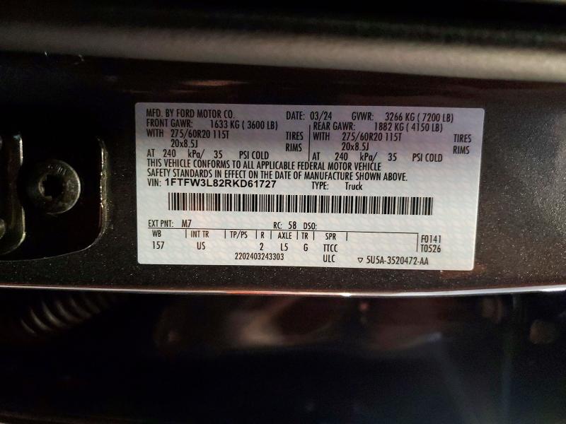 53995866 :رقم المزاد ، 1FTFW3L82RKD61727 vin ، 2024 Ford F150 مزاد بيع