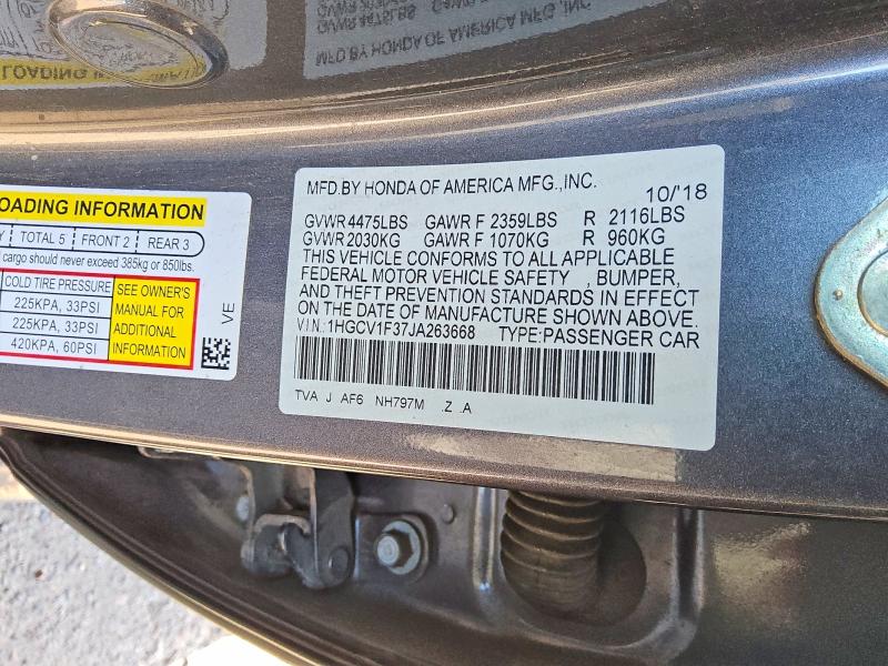 2018 Honda Accord მანქანა იყიდება აუქციონზე, vin: 1HGCV1F37JA263668, აუქციონის ნომერი: 53530896