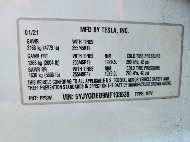 Aukcja sprzedaży 2021 Tesla Model Y, vin: 5YJYGDED9MF103538, numer aukcji: 54410176