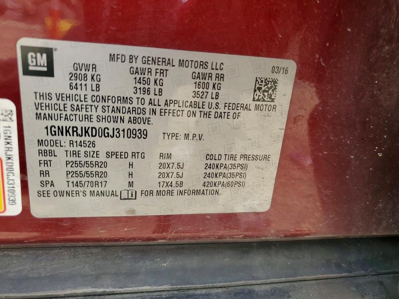 2016 Chevrolet Traverse მანქანა იყიდება აუქციონზე, vin: 1GNKRJKD0GJ310939, აუქციონის ნომერი: 55028076