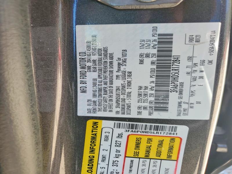 Продажа на аукционе авто 2020 Ford Fusion, vin: 3FA6P0HD5LR172841, номер лота: 55233156