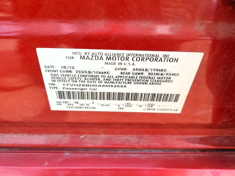 55124456 :رقم المزاد ، 1YVHZ8BH0A5M52555 vin ، 2010 Mazda 6 مزاد بيع
