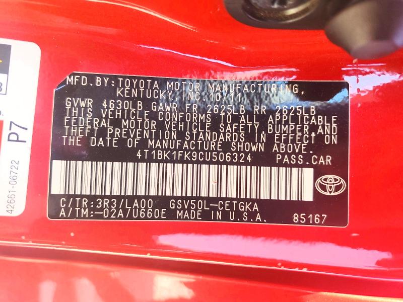Продажа на аукционе авто 2012 Toyota Camry, vin: 4T1BK1FK9CU506324, номер лота: 54487276