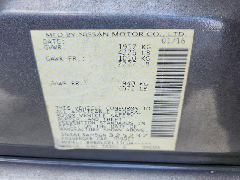 2016 Nissan Altima მანქანა იყიდება აუქციონზე, vin: 1N4AL3AP5GN325237, აუქციონის ნომერი: 54500656
