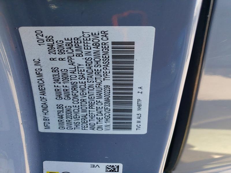 Продажа на аукционе авто 2021 Honda Accord, vin: 1HGCV2F33MA002239, номер лота: 52952986