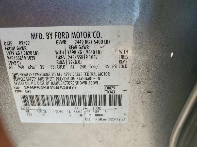 Auction sale of the 2022 Ford Edge, vin: 2FMPK4K94NBA39977, lot number: 53099936