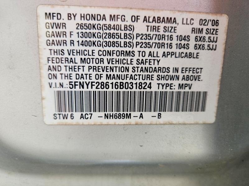 55186446 :رقم المزاد ، 5FNYF28616B031824 vin ، 2006 Honda Pilot مزاد بيع