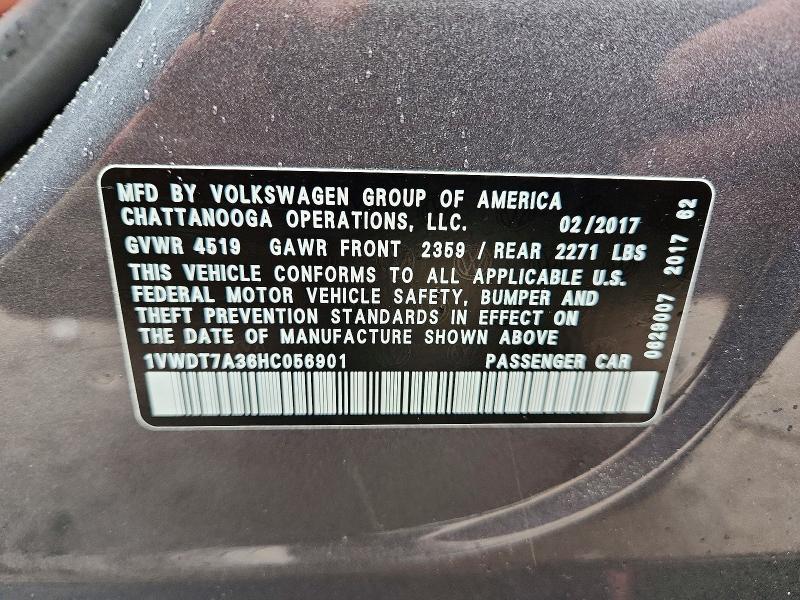 Продаж на аукціоні авто 2017 Volkswagen Passat, vin: 1VWDT7A36HC056901, номер лоту: 54188296