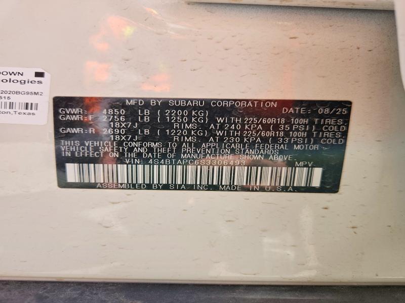 52591756 :رقم المزاد ، 4S4BTAPC6S3306493 vin ، 2025 Subaru Outback مزاد بيع