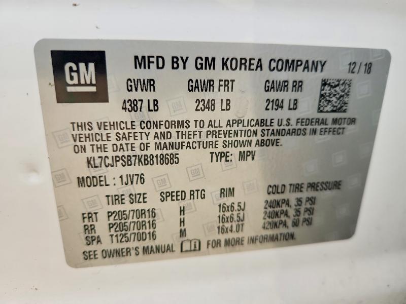 53848176 :رقم المزاد ، KL7CJPSB7KB818685 vin ، 2019 Chevrolet Trax مزاد بيع