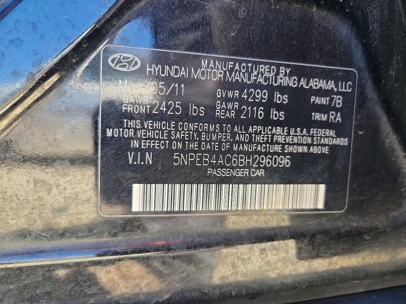 Продаж на аукціоні авто 2011 Hyundai Sonata, vin: 5NPEB4AC6BH296096, номер лоту: 53836016