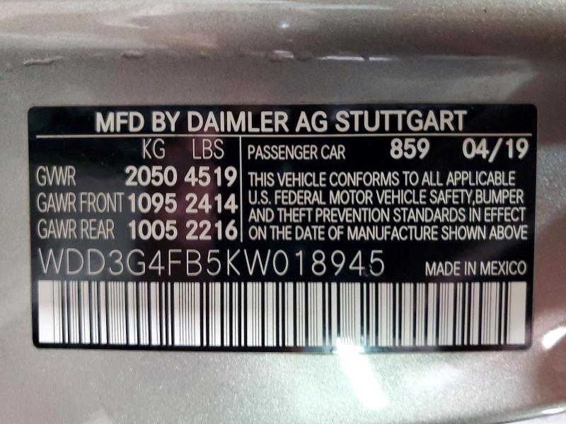 2019 Mercedes-benz A მანქანა იყიდება აუქციონზე, vin: WDD3G4FB5KW018945, აუქციონის ნომერი: 51041356
