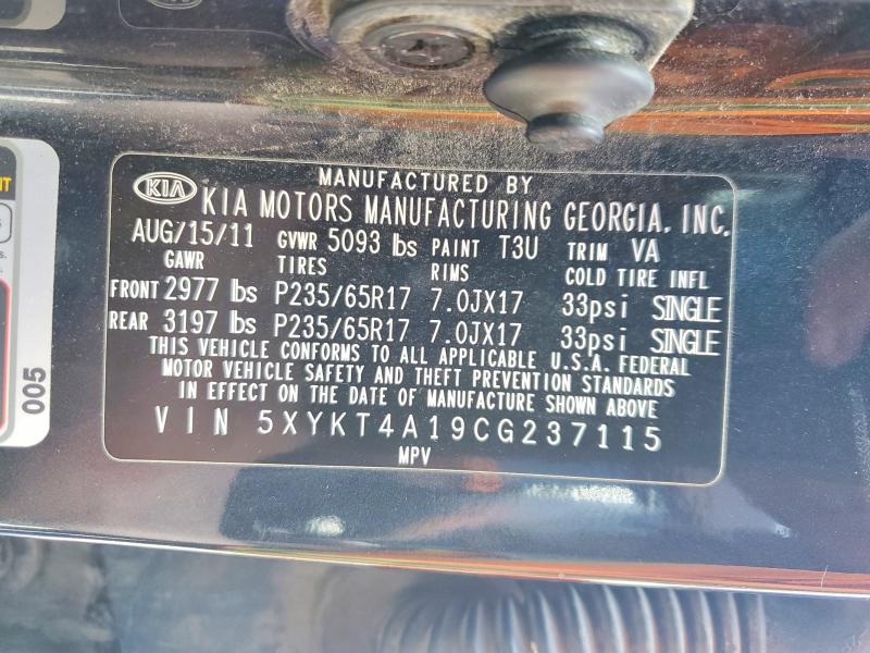 2012 Kia Sorento მანქანა იყიდება აუქციონზე, vin: 5XYKT4A19CG237115, აუქციონის ნომერი: 52657656