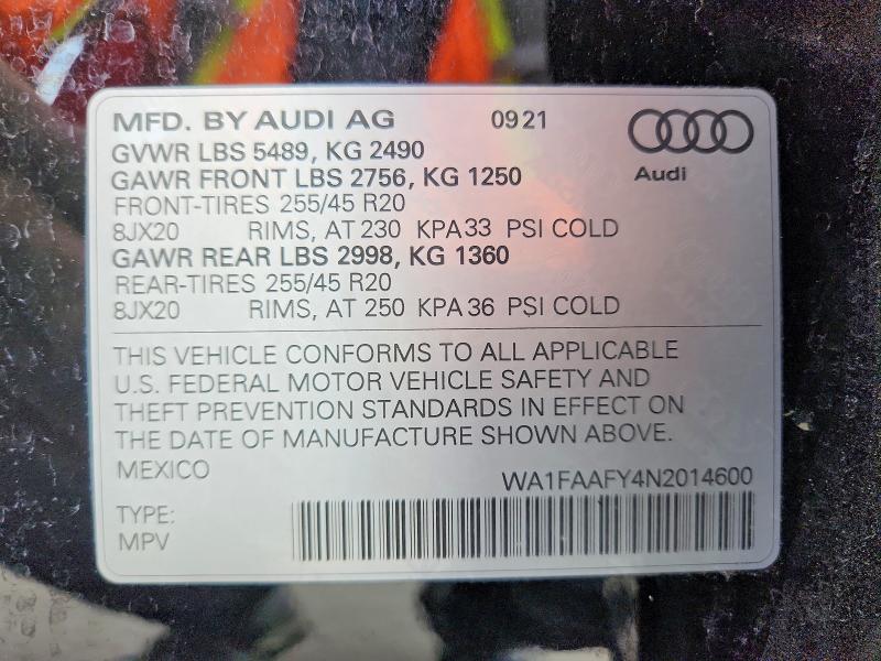 Aukcja sprzedaży 2022 Audi Q5, vin: WA1FAAFY4N2014600, numer aukcji: 53620536