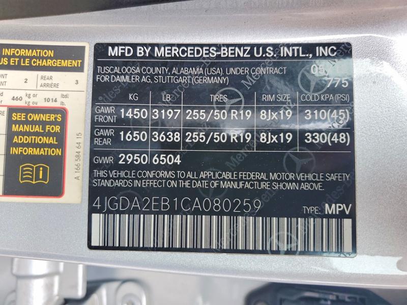 52513606 :رقم المزاد ، 4JGDA2EB1CA080259 vin ، 2012 Mercedes-benz Ml مزاد بيع