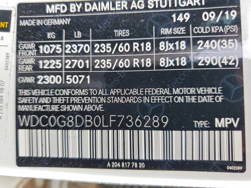 Aukcja sprzedaży 2020 Mercedes-benz Glc, vin: WDC0G8DB0LF736289, numer aukcji: 52420196