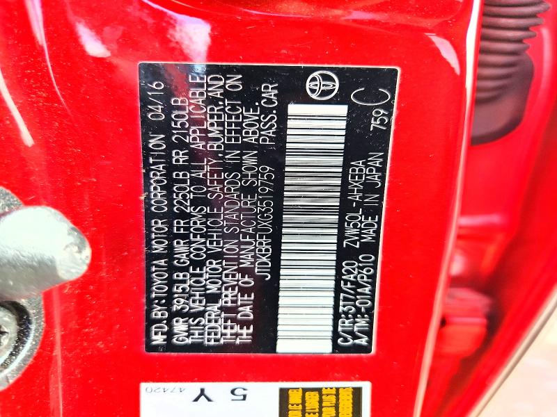 Aukcja sprzedaży 2016 Toyota Prius, vin: JTDKBRFUXG3519759, numer aukcji: 53724156
