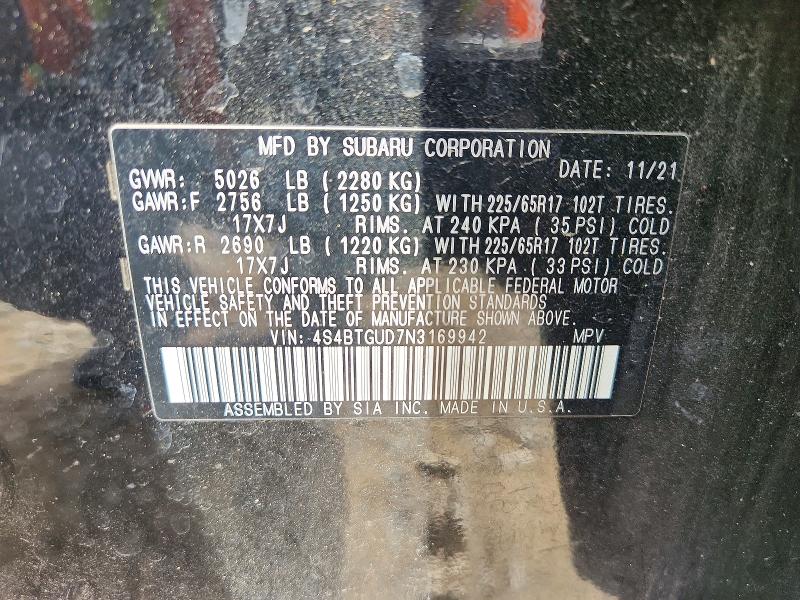 52270006 :رقم المزاد ، 4S4BTGUD7N3169942 vin ، 2022 Subaru Outback مزاد بيع