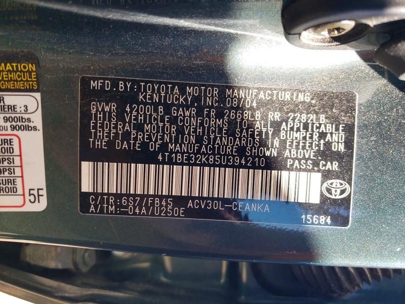 2005 Toyota Camry მანქანა იყიდება აუქციონზე, vin: 4T1BE32K85U394210, აუქციონის ნომერი: 49601966