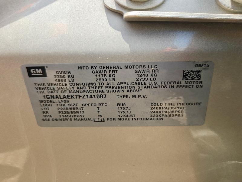 2015 Chevrolet Equinox მანქანა იყიდება აუქციონზე, vin: 1GNALAEK7FZ141087, აუქციონის ნომერი: 55033346