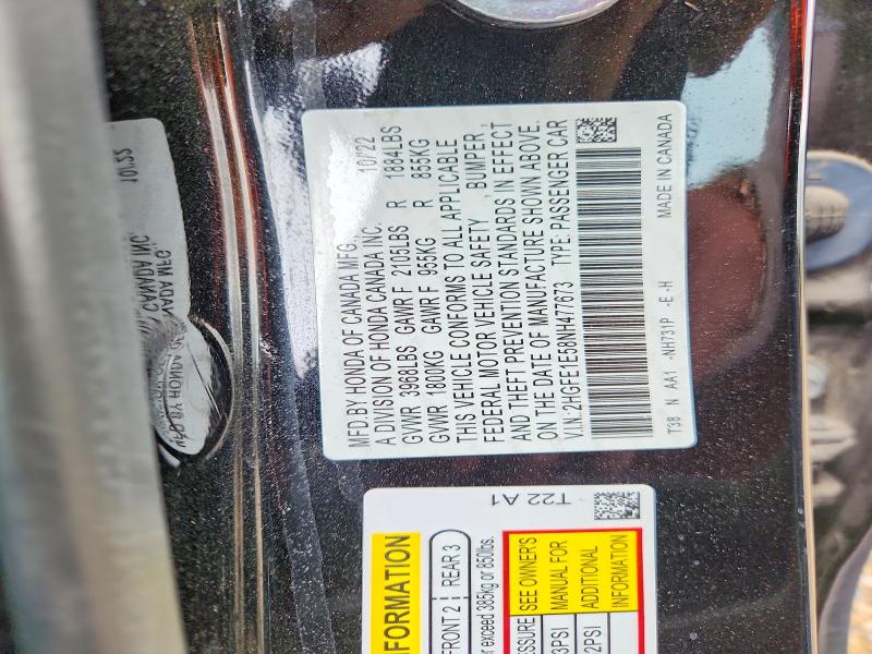 54859426 :رقم المزاد ، 2HGFE1E58NH477673 vin ، 2022 Honda Civic مزاد بيع