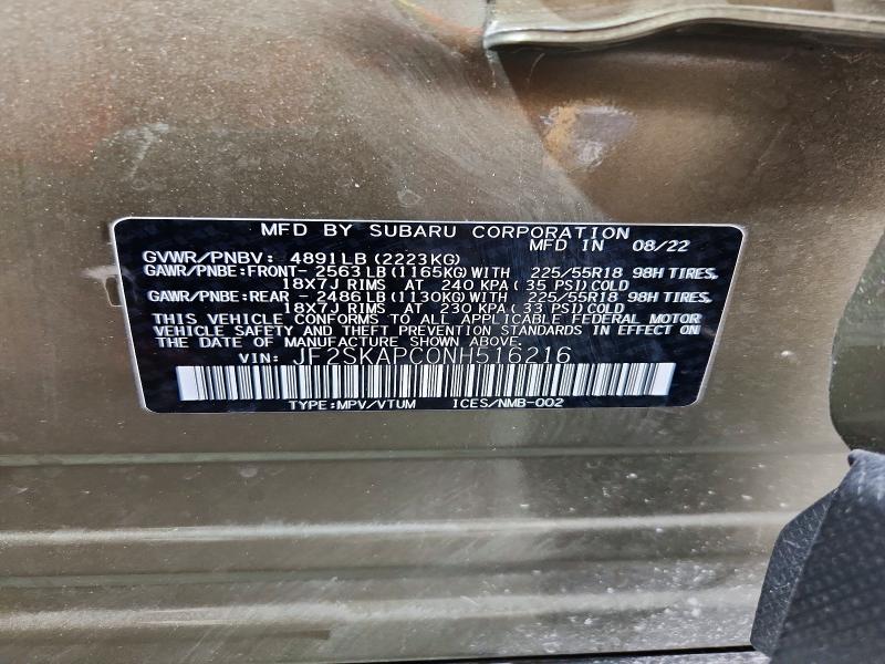 52461516 :رقم المزاد ، JF2SKAPC0NH516216 vin ، 2022 Subaru Forester مزاد بيع