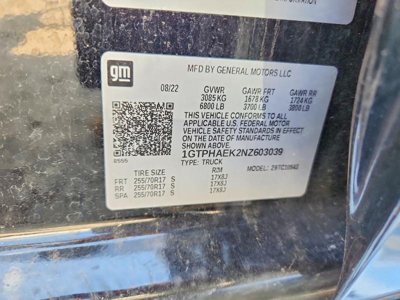 2022 Gmc Sierra მანქანა იყიდება აუქციონზე, vin: 1GTPHAEK2NZ603039, აუქციონის ნომერი: 52469686