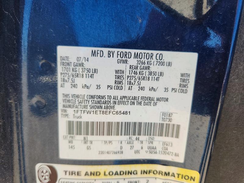 2014 Ford F150 მანქანა იყიდება აუქციონზე, vin: 1FTFW1ET8EFC65481, აუქციონის ნომერი: 55138856