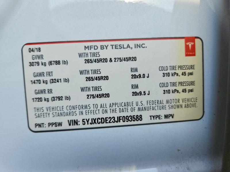 Продажа на аукционе авто 2018 Tesla Model X, vin: 5YJXCDE23JF093588, номер лота: 52248796