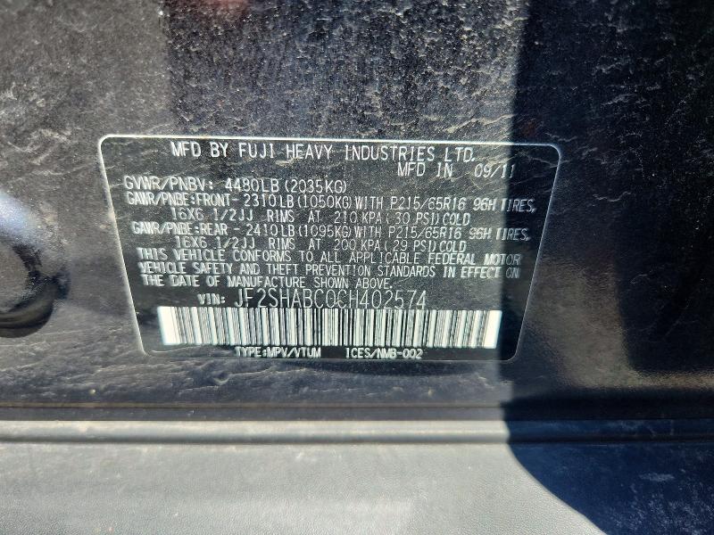 Aukcja sprzedaży 2012 Subaru Forester, vin: JF2SHABC0CH402574, numer aukcji: 54292726