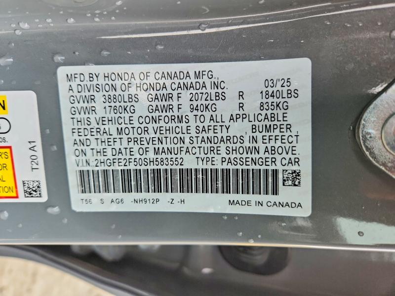 2025 Honda Civic მანქანა იყიდება აუქციონზე, vin: 2HGFE2F50SH583552, აუქციონის ნომერი: 54152996