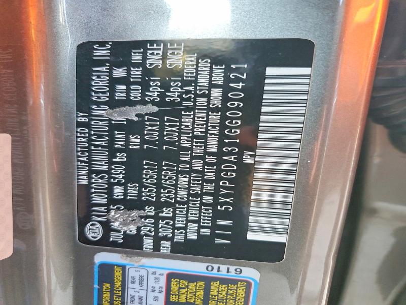 53254166 :رقم المزاد ، 5XYPGDA31GG090421 vin ، 2016 Kia Sorento مزاد بيع