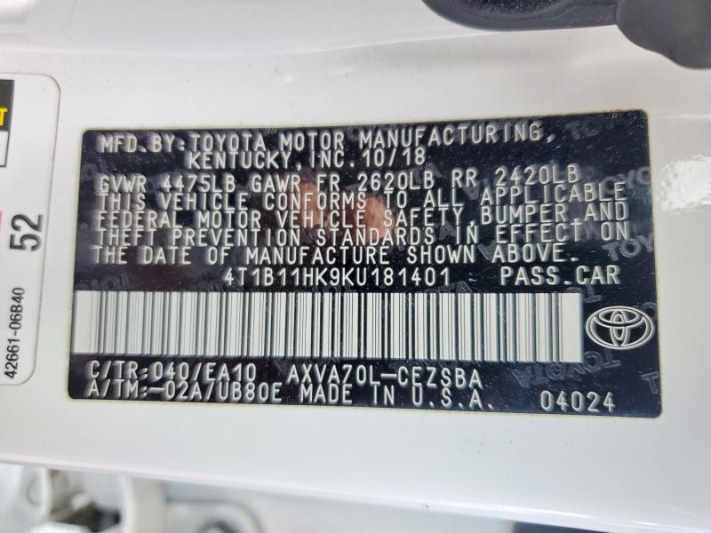 55611216 :رقم المزاد ، 4T1B11HK9KU181401 vin ، 2019 Toyota Camry مزاد بيع