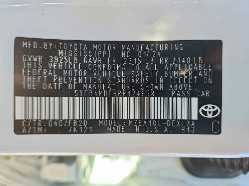 Продаж на аукціоні авто 2024 Toyota Corolla, vin: 5YFB4MDE8RP124658, номер лоту: 52380836